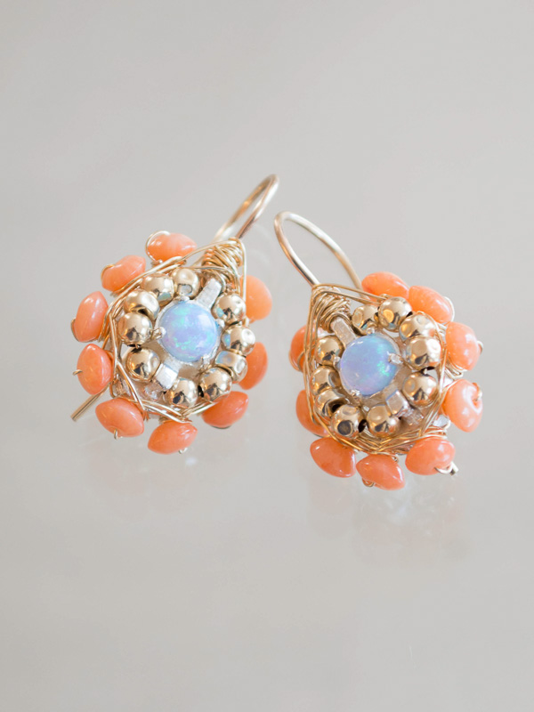 earrings Small Mandala coral and blue opal